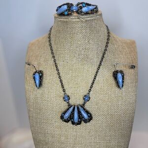 Vintage Art Deco Blue Stone and Rhinestone Necklace, Bracelet,and Earring Set